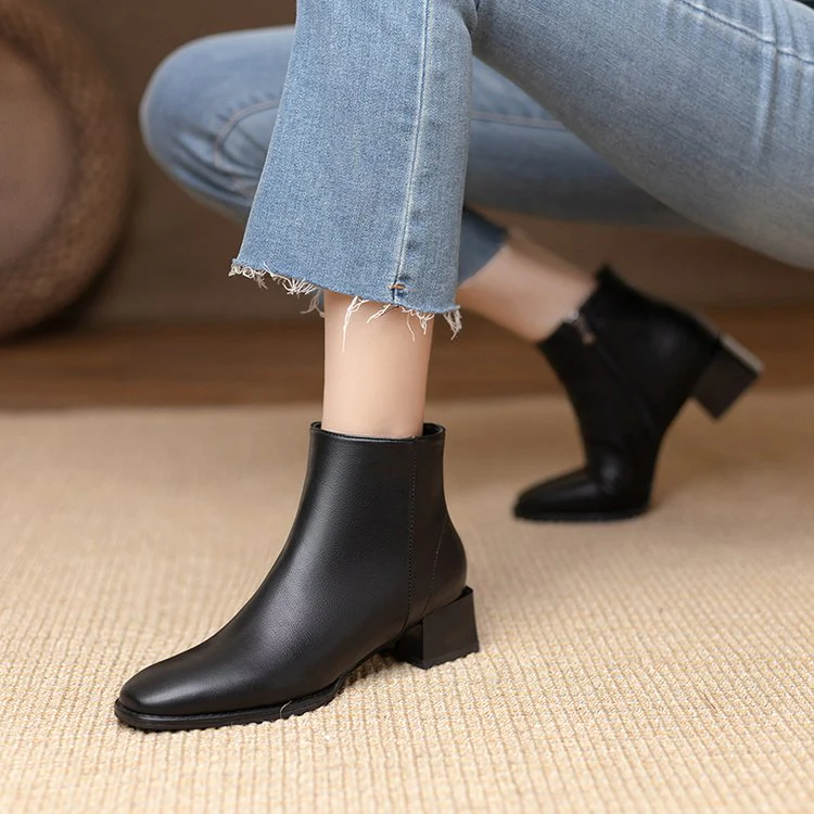 deanwangkt Women Ankle Boots Mid Heels Dress Shoes Woman Ol Office Lady Shoes Winter Botines with Zipper Black Botas De Mujer Brown - Deanwangkt