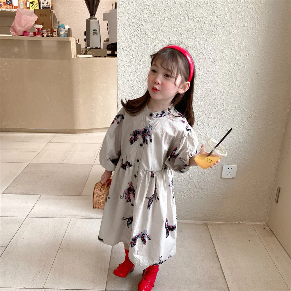 deanwangkt  Spring autumn kids colorful pony printing oversized long dress for girls cotton loose puff sleeve high quality dresses - Deanwangkt