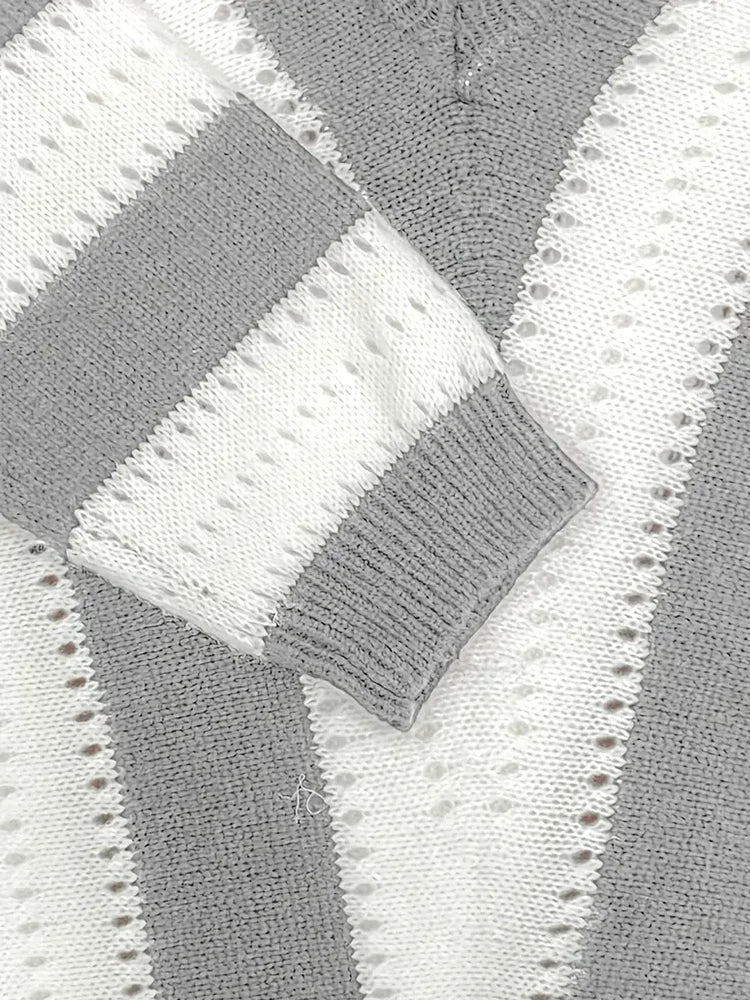 deanwangkt Plus Size Womens Long Sleeve Deep V Neck Zipped Up Hand Knit Striped Sweater Tops Loose Pullover Jumper Tops - Deanwangkt