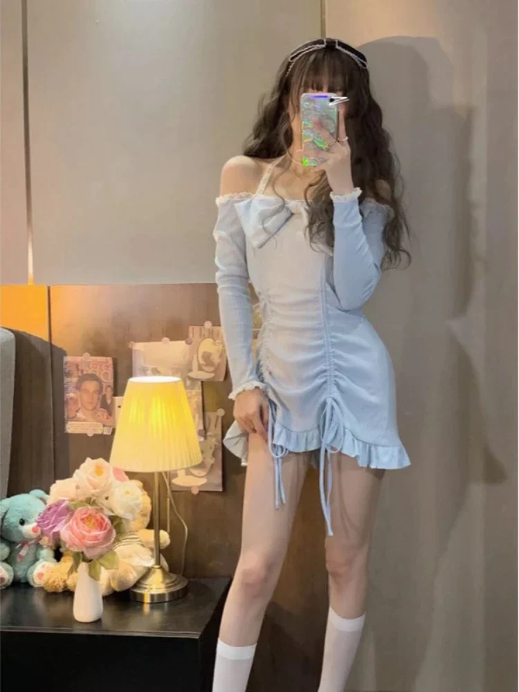 deanwangkt Korean Fashion Dresses Style Party Mini Dresses Women Strapless Sexy Kawaii Dresses Women Long Sleeve Lace Kawaii Lolita Dresses - Deanwangkt