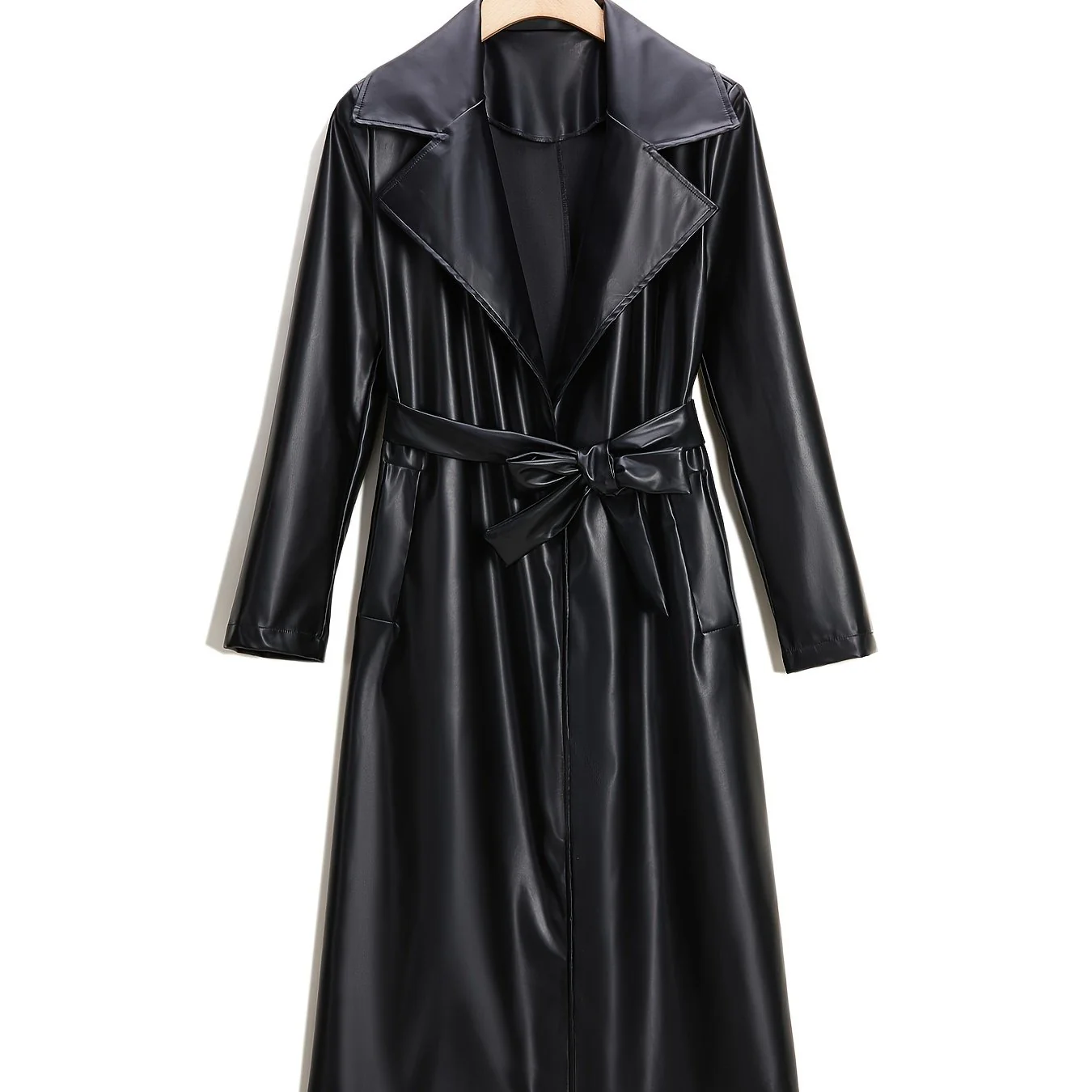 Longline Faux Leather Coat, Elegant Black Lapel Belted Coat For Fall & Winter, Women's Clothing - Deanwangkt