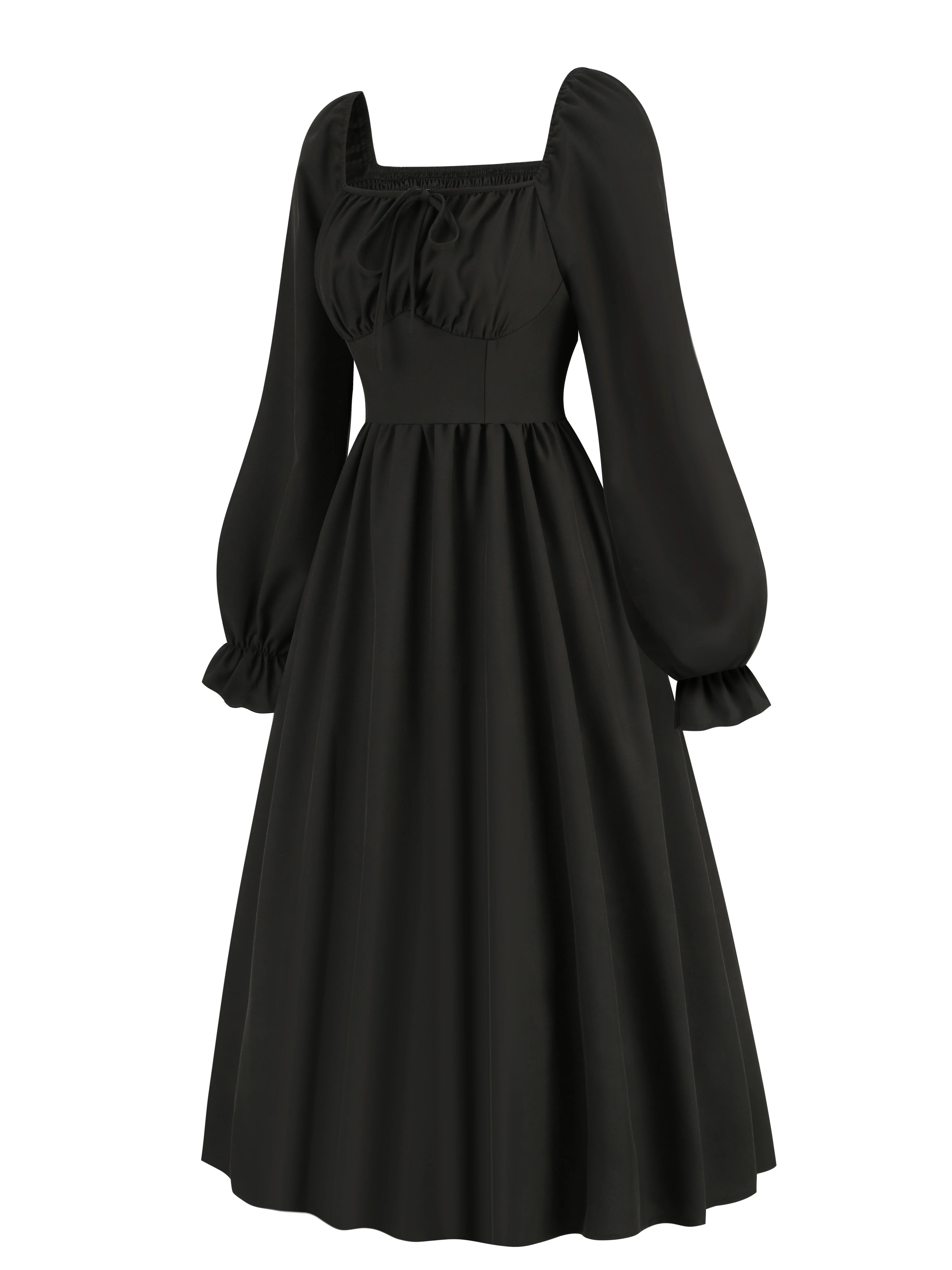 deanwangkt-1  Tie Front Lantern Long Sleeve Dress, Casual Solid Squared Neck Dress, Women's Clothing - Deanwangkt