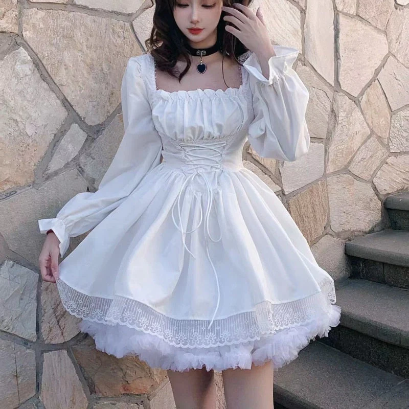 deanwangkt White Lolita Dress Kawaii Vinatge Long Sleeve Mini Dresses Black Gothic Bandage Lace Patchwork Streetwear Square Collar - Deanwangkt