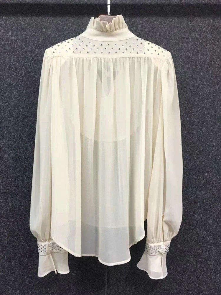 deanwangkt Patchwork Diamond Shirt For Women Stand Collar Long Sleeve Straight Button Through Blouse Female Fashion Clothing - Deanwangkt