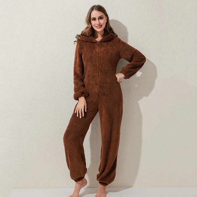 Winter Warm Pyjamas Women Onesies Fluffy Fleece Jumpsuits Sleepwear Overall Plus Size Hood Sets Pajamas For Women Adult - Deanwangkt