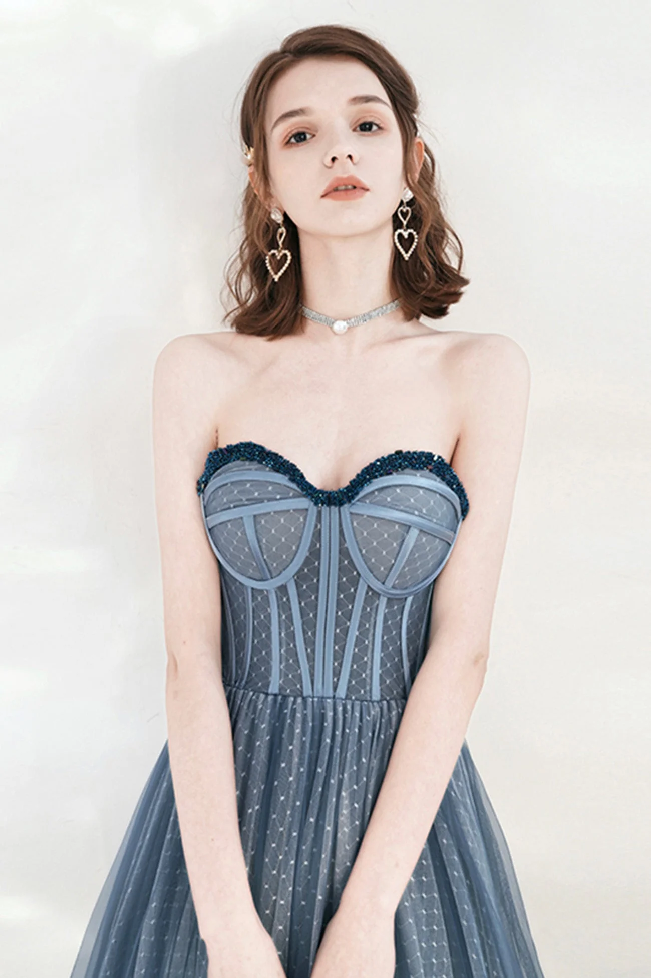 solvbao Blue Tulle Strapless Long Prom Dresses, A-Line Formal Evening Dresses - Deanwangkt