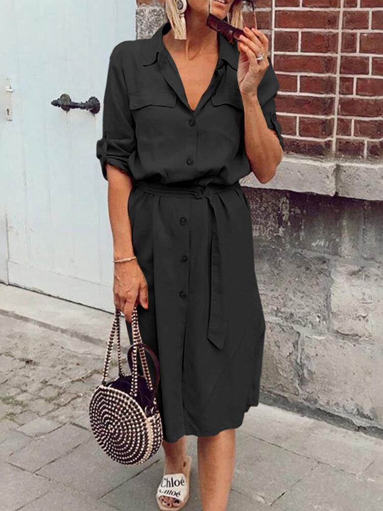 deanwangkt Women Daily Office Solid Color Lapel Casual Shirts Dress - Deanwangkt