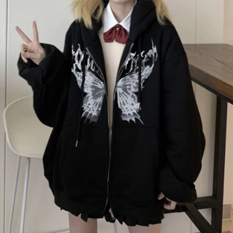 deanwangkt Butterfly Print Hooded Jackets Women Autumn Punk Zip-up Loose Coats Female Harajuku Hip Hop Streetwear Y2k Aesthetic Hoodies - Deanwangkt