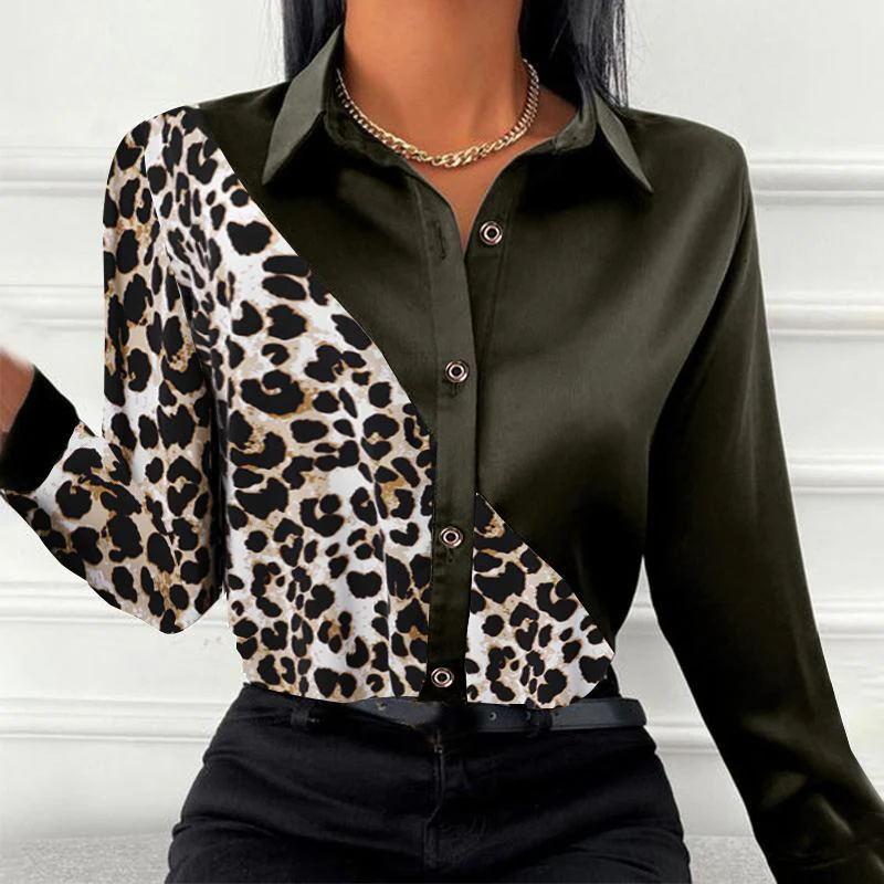 deanwangkt ZANZEA Autumn Women Full Sleeve Blouse Blusa Leopard stitching Lapel Chemise Bohemian Fashion Elegant Work OL Party Retro Tops - Deanwangkt