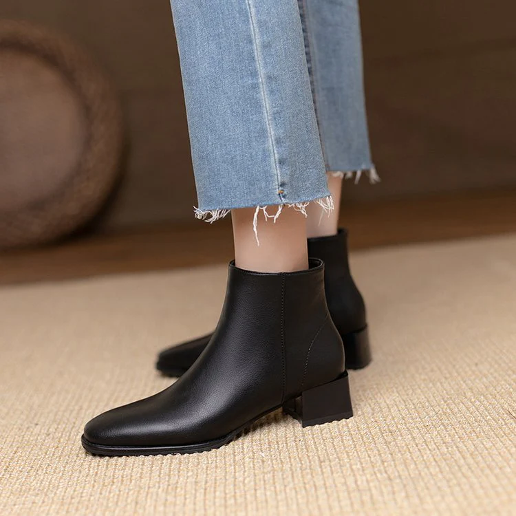 deanwangkt Women Ankle Boots Mid Heels Dress Shoes Woman Ol Office Lady Shoes Winter Botines with Zipper Black Botas De Mujer Brown - Deanwangkt