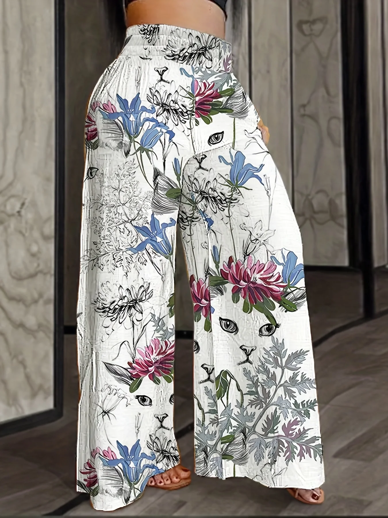 Plus Size Casual Pants, Women's Plus Abstract Figure Print High Waist Wide Leg Loose Pants - Deanwangkt