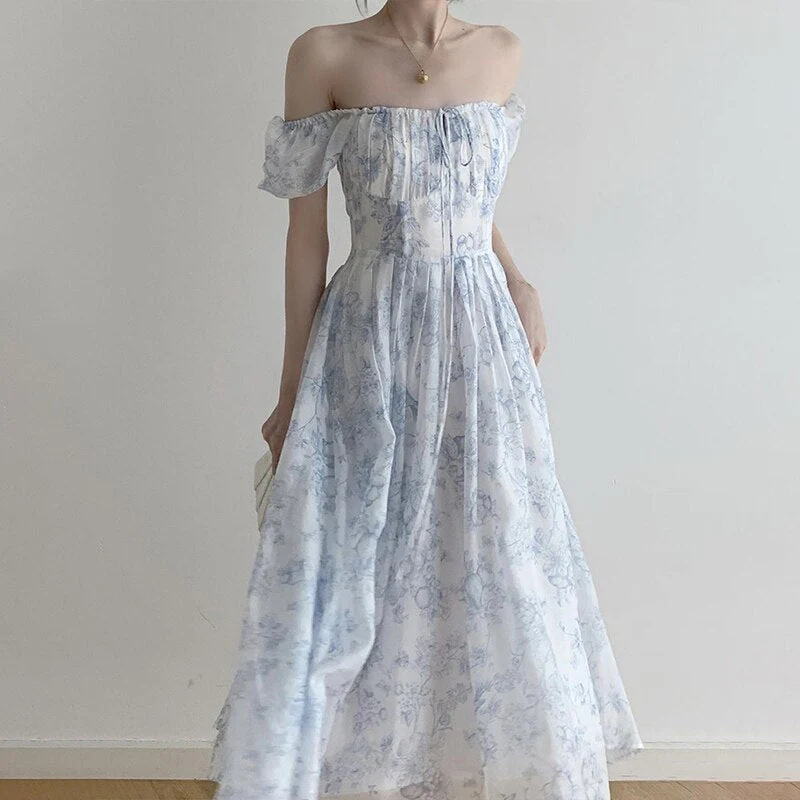Joskka Blue Floral Print Dress Women Summer Puff Sleeve Off Shoulder Long Dresses French Style Elegant Lace-up Fairycore Holiday Dress - Deanwangkt