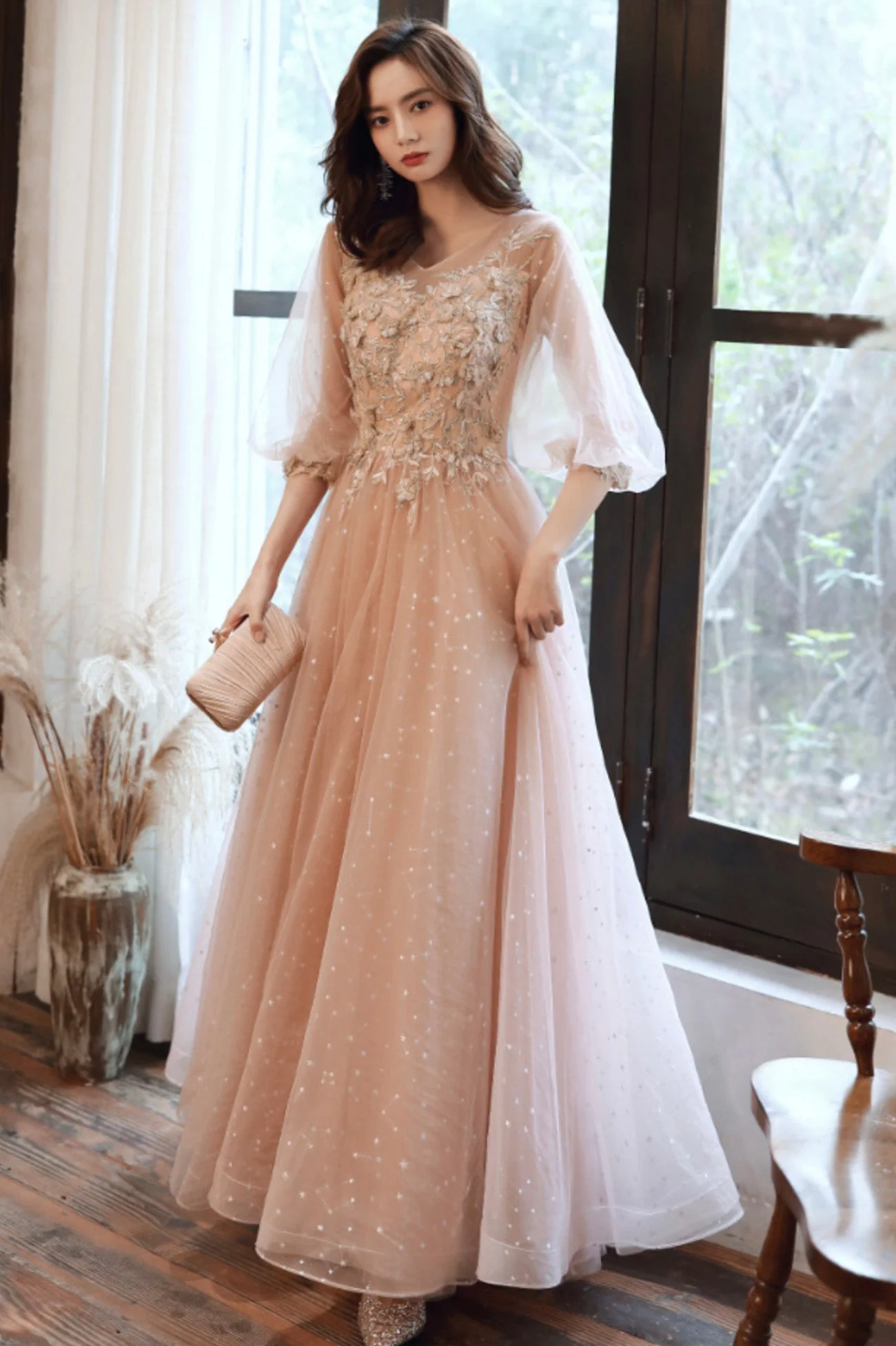 solvbao Pink Tulle Lace Long Prom Dresses, A-Line Long Sleeve Evening Dresses - Deanwangkt