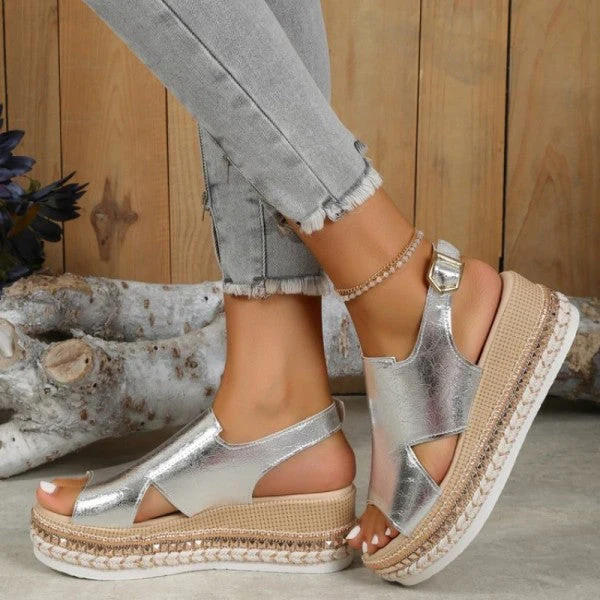 deanwangkt - Gold Casual Hollowed Out Patchwork Fish Mouth Out Door Wedges Shoes (Heel Height 1.97in) - Deanwangkt