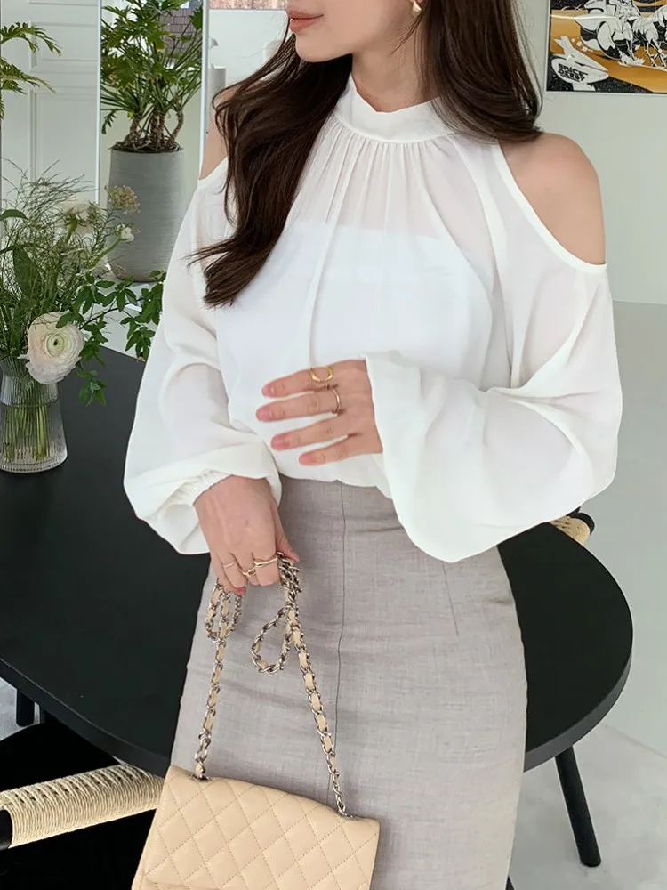 deanwangkt Fashion Woman Blouses Summer Shirts Chiffon Tops New Elegant Hollow Shoulder Back Lace Up Bow Full Sleeve Pullover Top - Deanwangkt