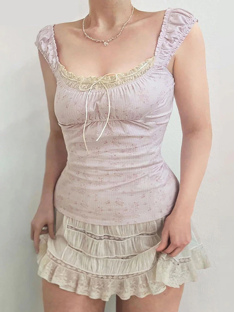 Soft Girl Lace Sweet Floral Print Tank Tops Coquette Aesthetic Lettuce Hem Cute Crop Top Fairycore Ruched Casual Tees - Deanwangkt
