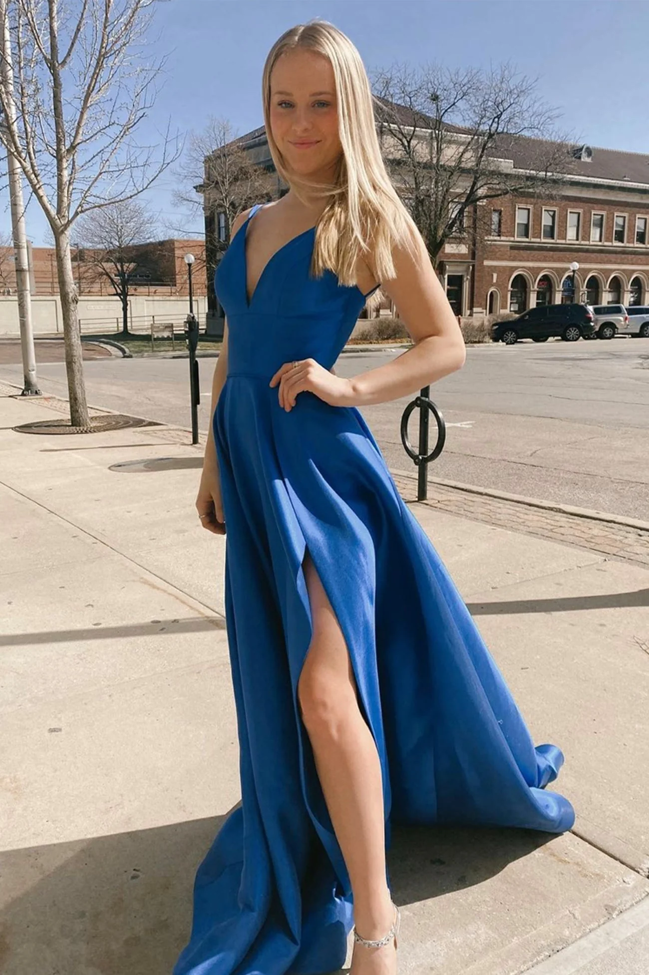 solvbao Blue V-Neck Satin Long Prom Dresses, A-Line Evening Dresses with Slit - Deanwangkt