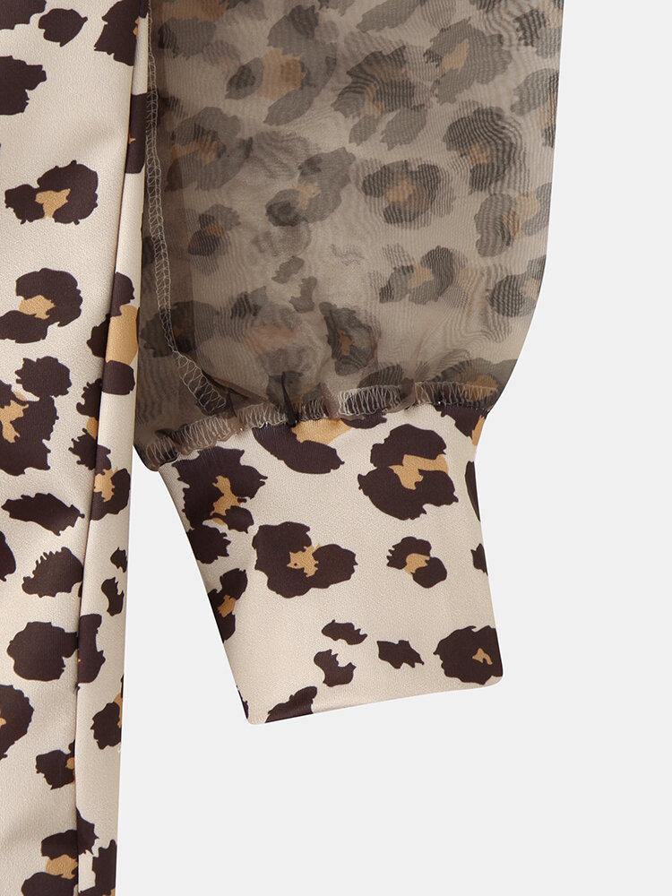 deanwangkt Women Leopard Twist V-Neck Elegant Long Sleeve Dress - Deanwangkt