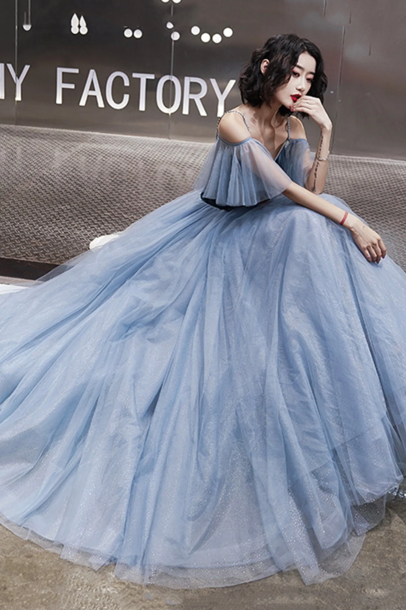 solvbao Blue Velvet Tulle Long Prom Dresses, A-Line Evening Dresses - Deanwangkt