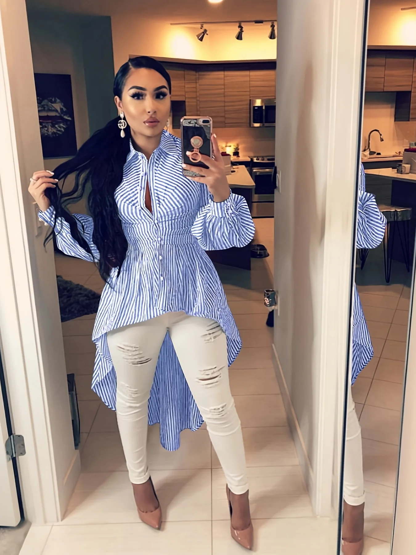 Women's Striped Asymmetrical Tops, Long Sleeve Button Down Shirts, Casual Every Day Shirts, Women's Clothing - Deanwangkt