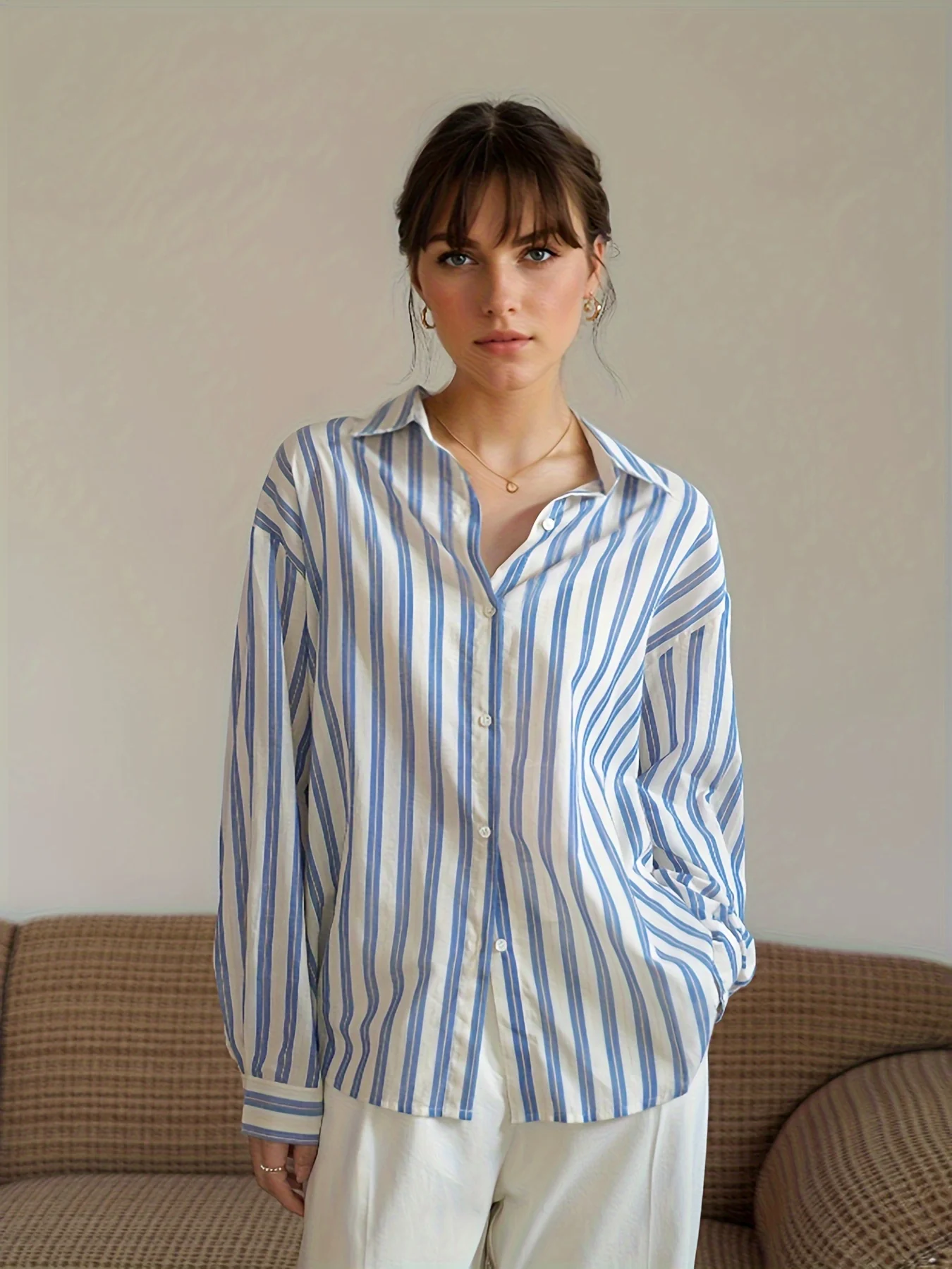 Striped Button Front Shirt, Elegant Long Sleeve Lapel Shirt, Women's Clothing - Deanwangkt