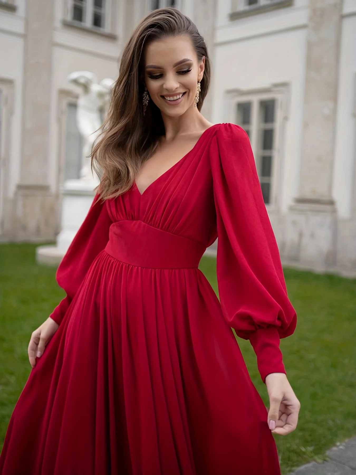 Ruched Plunging Solid Dress, Party Wear Long Sleeve Maxi Dress, Women's Clothing - Deanwangkt