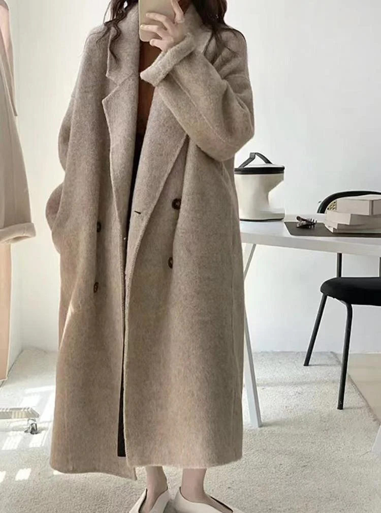 Winter Korean Style Double Breasted Silk Rabbit Woolen Long Overcoat Women Handmade Loose Pink Gray Wool Coat Jacket - Deanwangkt