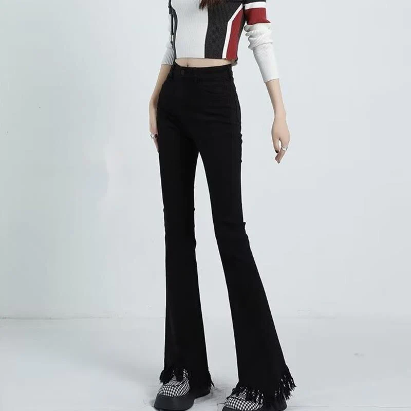 deanwangkt Women's Spring And Autumn New Vintage Blue Tassel Elastic High Waist Slim Horseshoe Pants With Rugged Edge Micro Horn Jeans - Deanwangkt