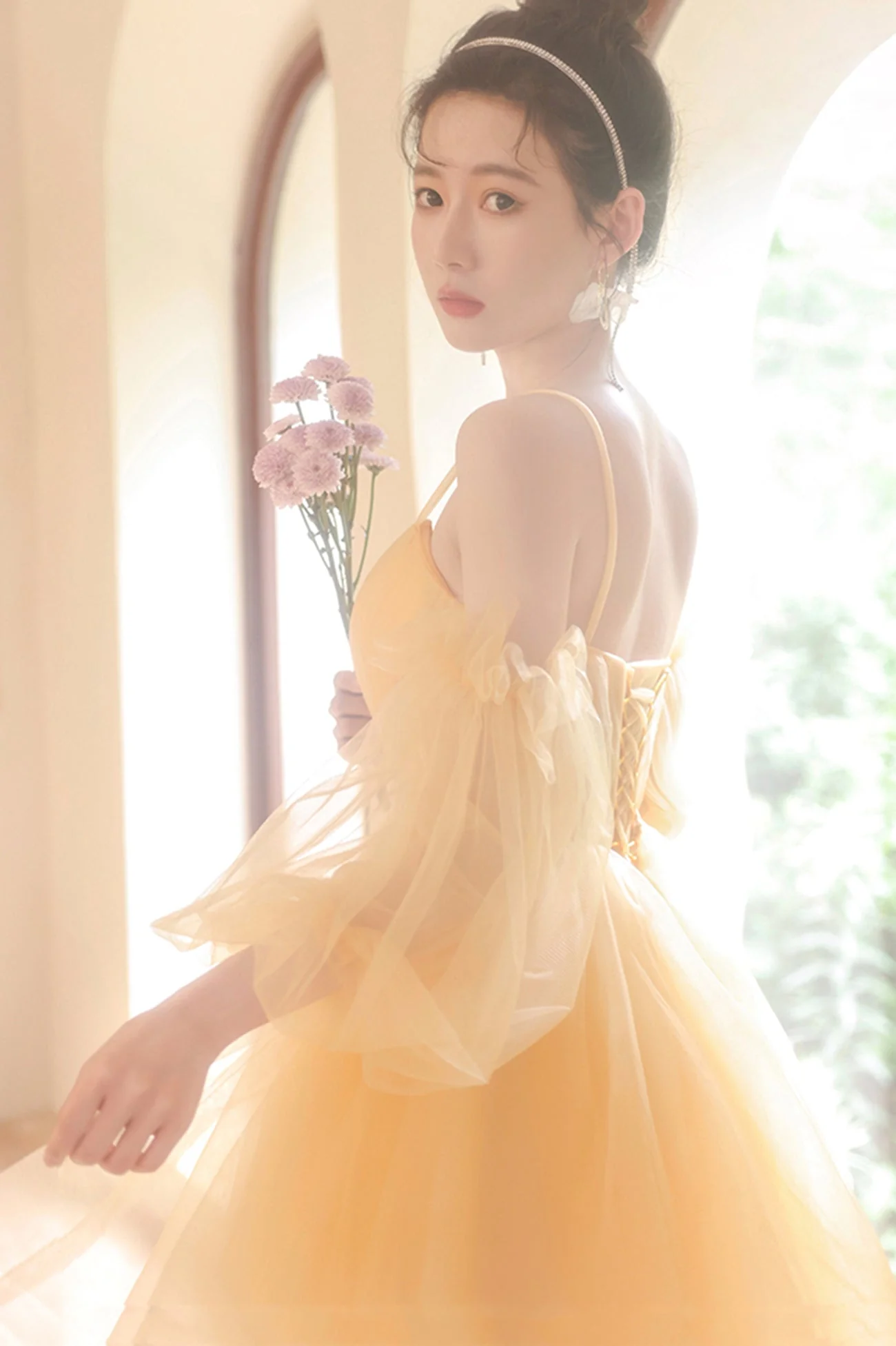 solvbao Yellow Tulle Short Prom Dress, A-Line Short Sleeve Party Dress - Deanwangkt