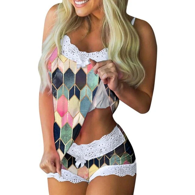 Spaghetti Strap Lace Pajama Set Sleeveless Trim Pyjamas Sleep Shorts Set Lace Pijama Suit Sleepwear Women Sexy Nighties Homewear - Deanwangkt