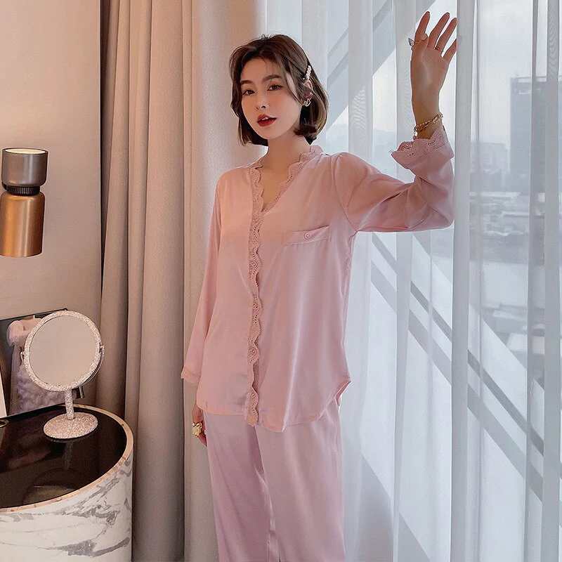 New Women's Pajamas Set Vintage V Neck Lace Sleepwear Silk Like Nightie Leisure Home Clothes Nightwear Pyjamas Femme - Deanwangkt