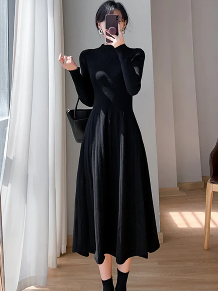 deanwangkt Fashion Chic Knitted Dress Women  Autumn Winter Vintage Half High Collar Long Sleeve Solid Dress Slim Office Ladies Dress - Deanwangkt