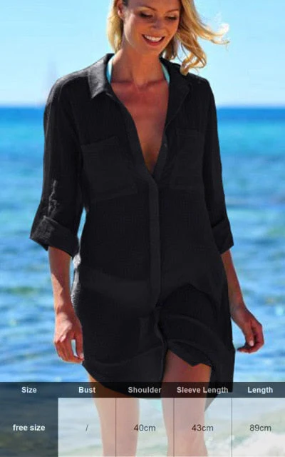 Sexy New Shirt Beach Up White Beach Dress Loose Blouse Tunic Pocket Long Sleeve Swimsuit Cover Up Casual Beachwear - Deanwangkt