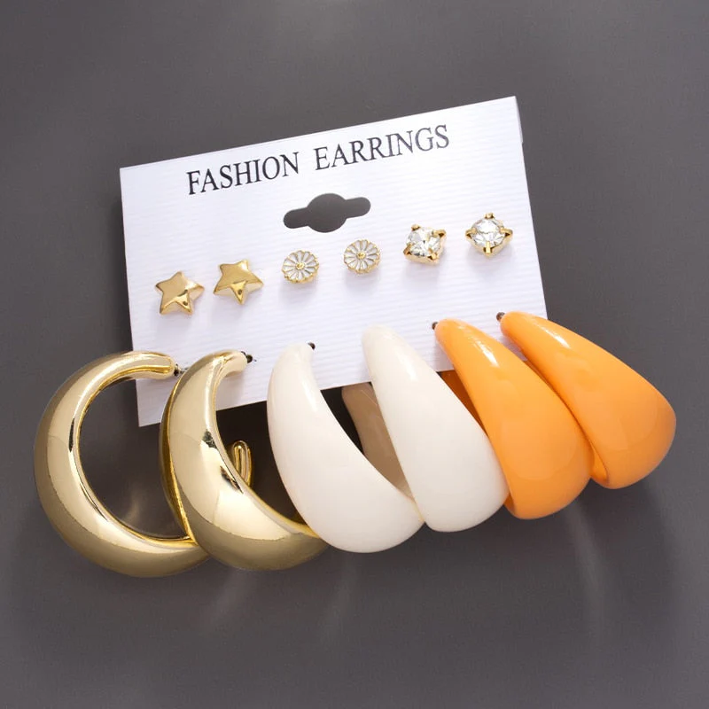 DEANWANGKT Boho Women's Earrings Vintage Punk Gold Color Metal Acrylic Big Circle Pearls Hoop Earring Set for Woman Girl Trend Jewelry - Deanwangkt