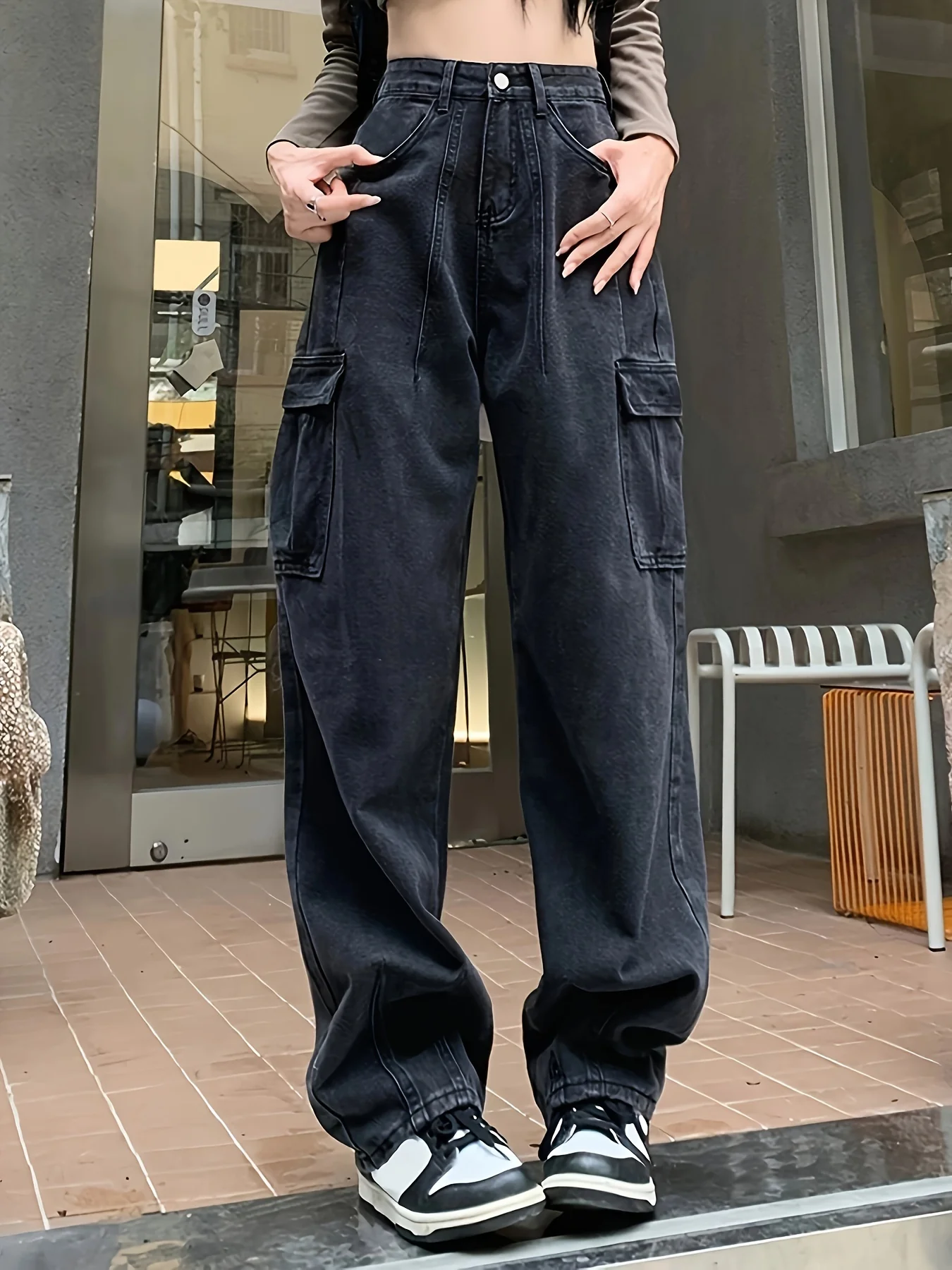 deanwangkt  Side Flap Pocket Plain Cargo Jeans, Loose Fit High Rise Y2K Kpop Denim Pants, Women's Denim Jeans & Clothing - Deanwangkt