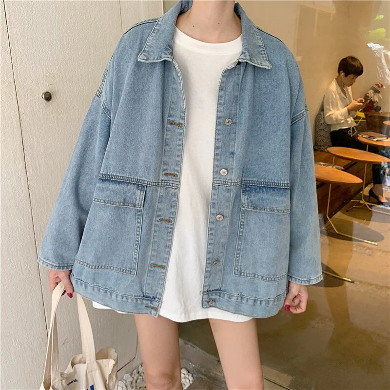 deanwangkt Harajuku Black Denim Short Jacket Women Korean Loose Bomber Jacket Female Outerwear Streetwear Long Sleeve Casual Overcoat Mujer - Deanwangkt