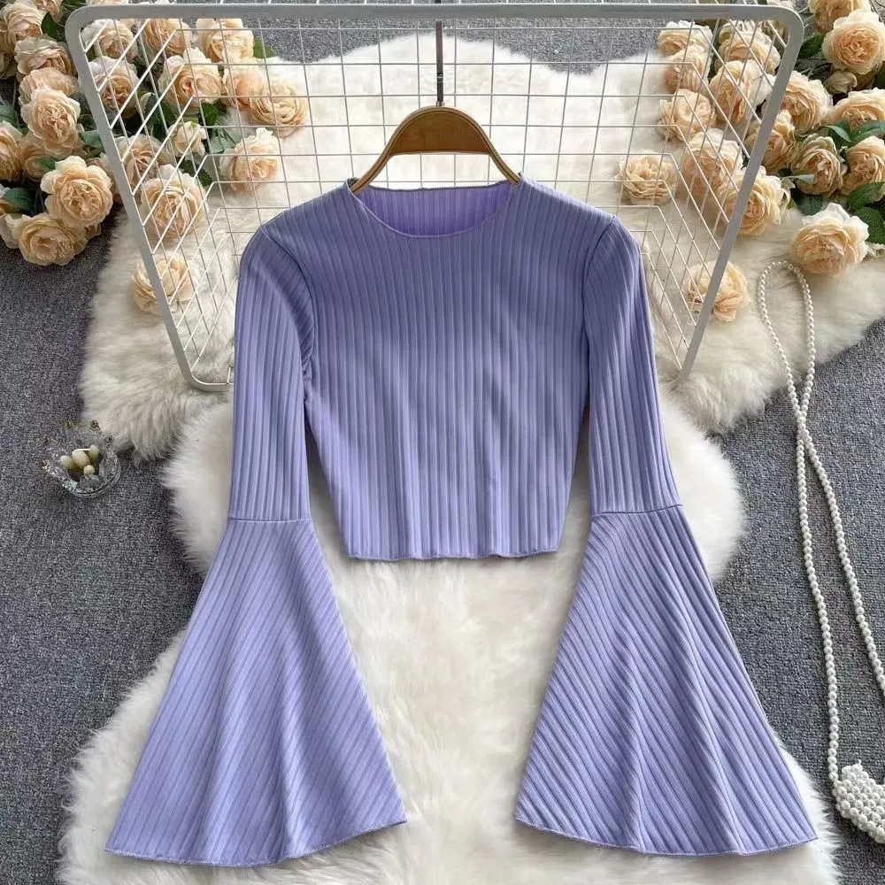 deanwangkt Elegance Casual Fashion Flared Sleeve Short O-neck Slim T-shirt And Blouses Top Summer Autumn Clothes For Woman Basics - Deanwangkt