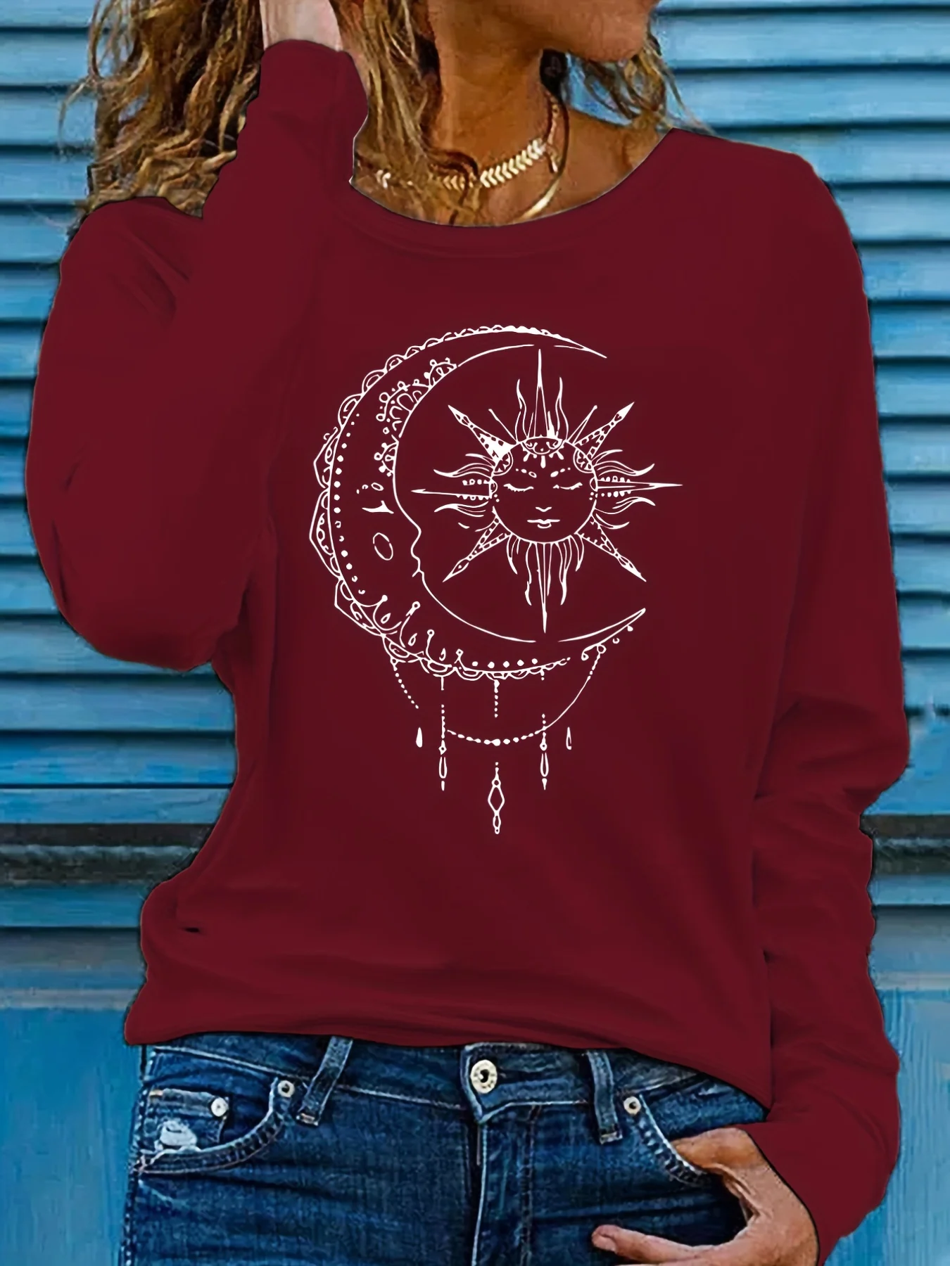 deanwangkt  Sun & Moon Print Crew Neck T-shirt, Casual Long Sleeve T-shirt, Women's Clothing - Deanwangkt