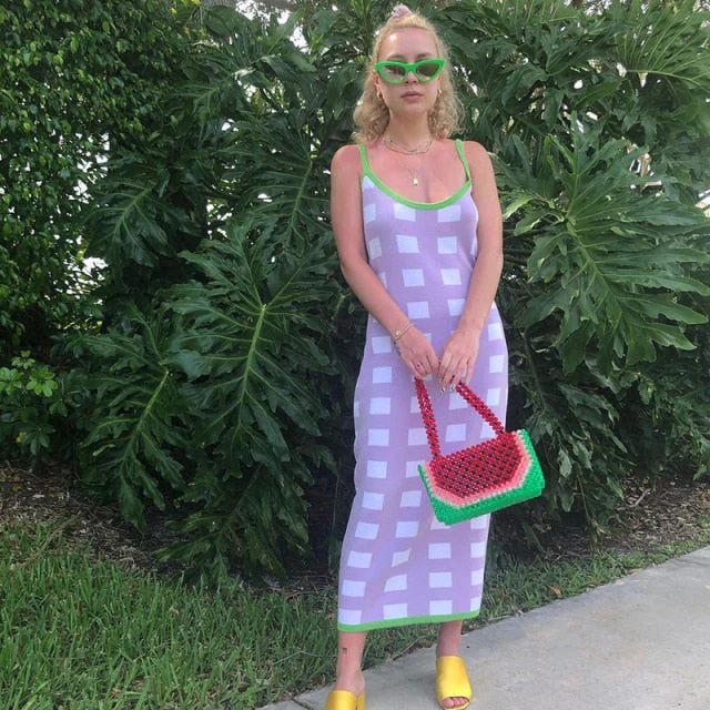 Female Beach Knitted Bodycon Dress Chic Women Elegant Lady Backless Sleeveless Bandage Halter Sundress Summer Vacation Clothing - Deanwangkt