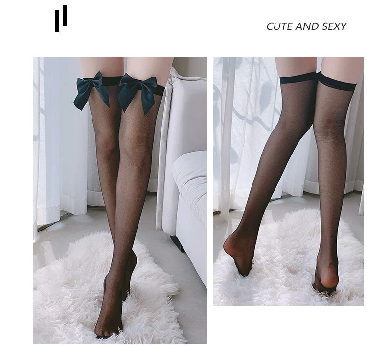 deanwangkt Fashion Pink Legs Socks for Women Cosplay Cute Bow Sexy White Black Mesh Fishnet Transparent Thigh High Stockings Long Knee Sock - Deanwangkt