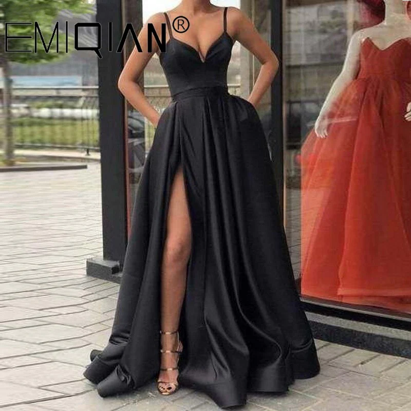 Champagne Muslim Evening Dresses, High Slit Spaghetti Straps Sweetheart A-Line Satin Long Prom Dress - Deanwangkt