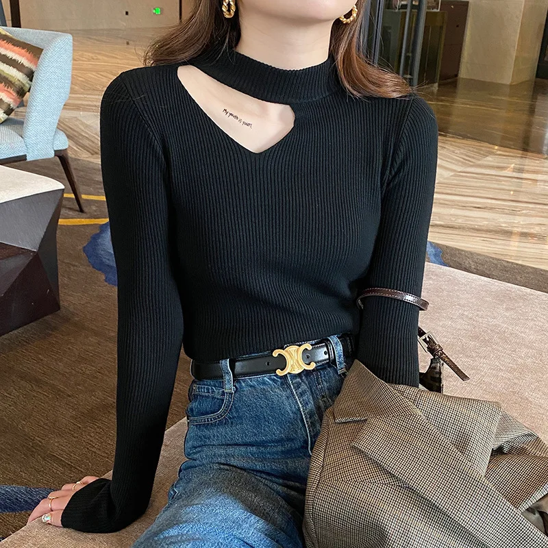 deanwangkt Women Sexy Halter Neck Hollow Out Sweater Solid Full Sleeve Slim Spring Autumn Bottoming Knitted Tops - Deanwangkt