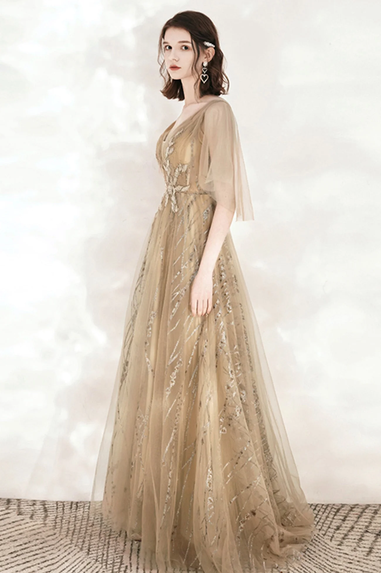 solvbao A-Line Tulle Beading Long Prom Dresses, V-Neck Evening Dresses - Deanwangkt