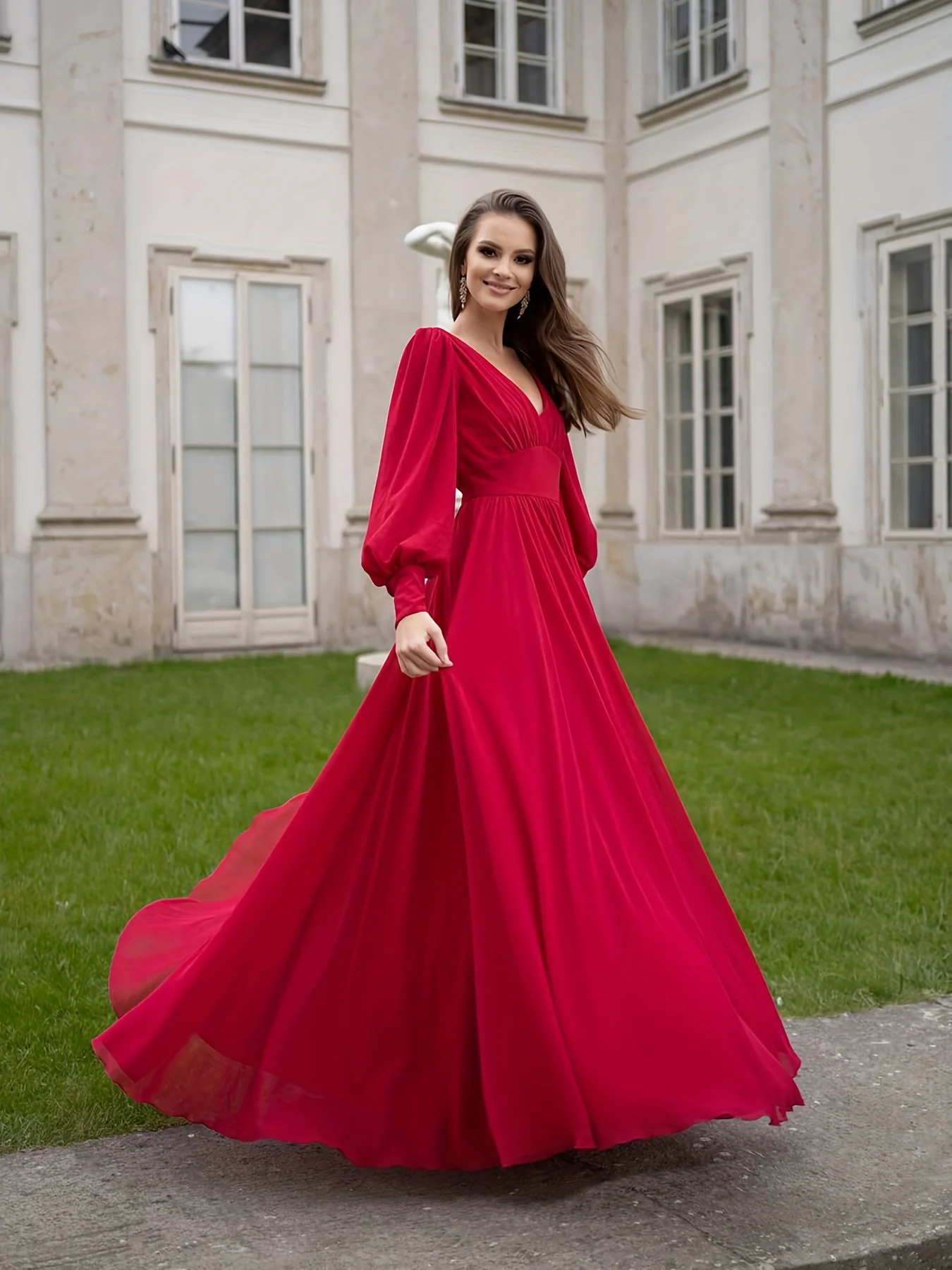 Ruched Plunging Solid Dress, Party Wear Long Sleeve Maxi Dress, Women's Clothing - Deanwangkt