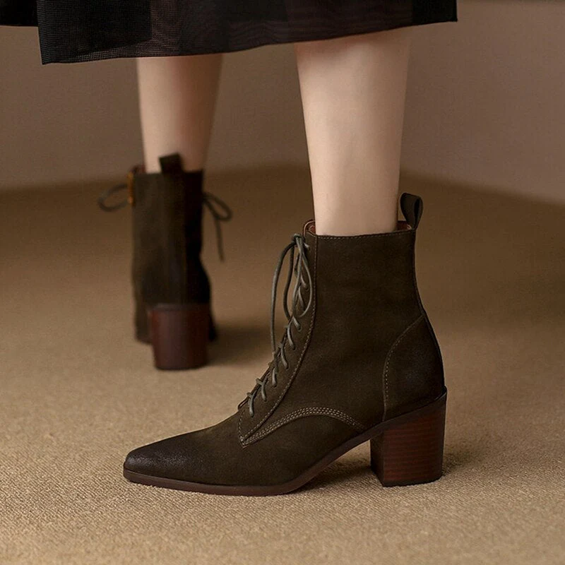deanwangkt Autumn Boots     NEW Fall Shoes Women Pointed Toe Chunky Heel Shoes for Women Retro Cow Suede Western Boots Concise Short Boots Women Brown Shoes - Deanwangkt