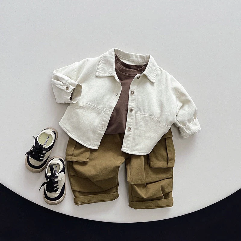 deanwangkt Autumn Boys solid color cotton shirts Girls brief turn-down collar casual shirt Kids Tops - Deanwangkt