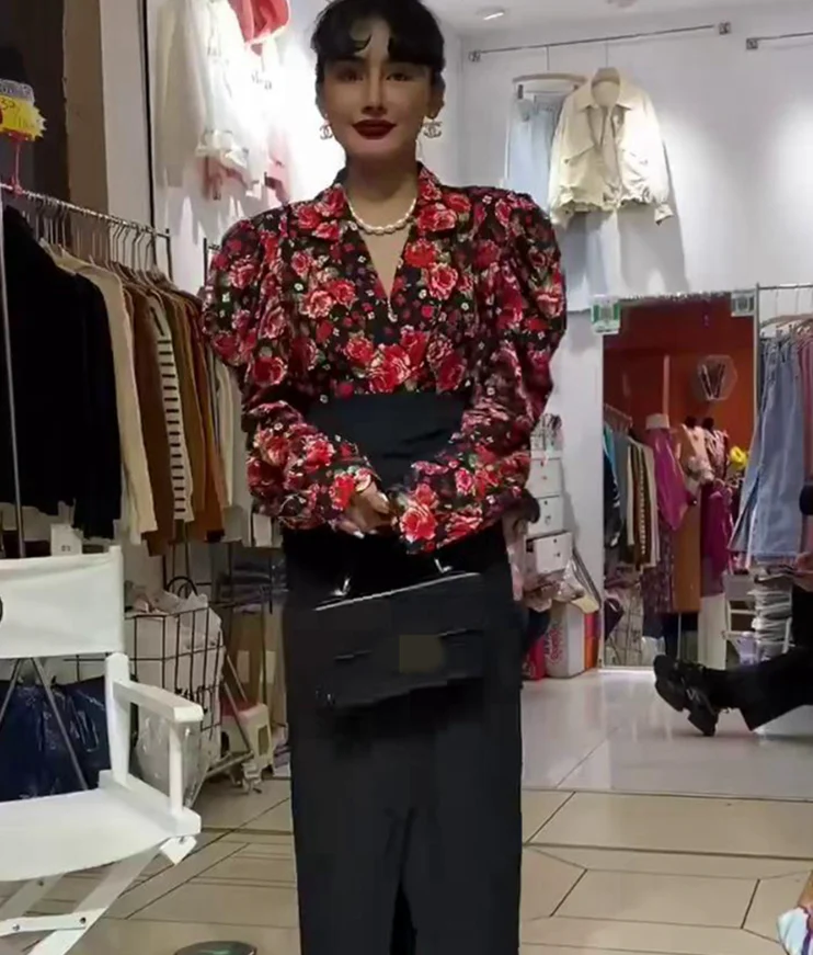 deanwangkt  Elegant Print Puffed Sleeve Blouse Top Autumn Womens Turn-Down Collars Half Sleeve Tie Dye Blouses Shirt Outwears - Deanwangkt