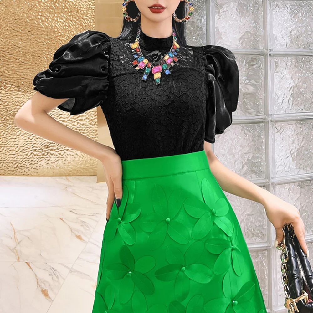 deanwangkt Elegant Lace Panel Shirt For Female Stand Collar Puff Sleeve Solid Minimalist Slim Pullover Blouses Female Clothing - Deanwangkt