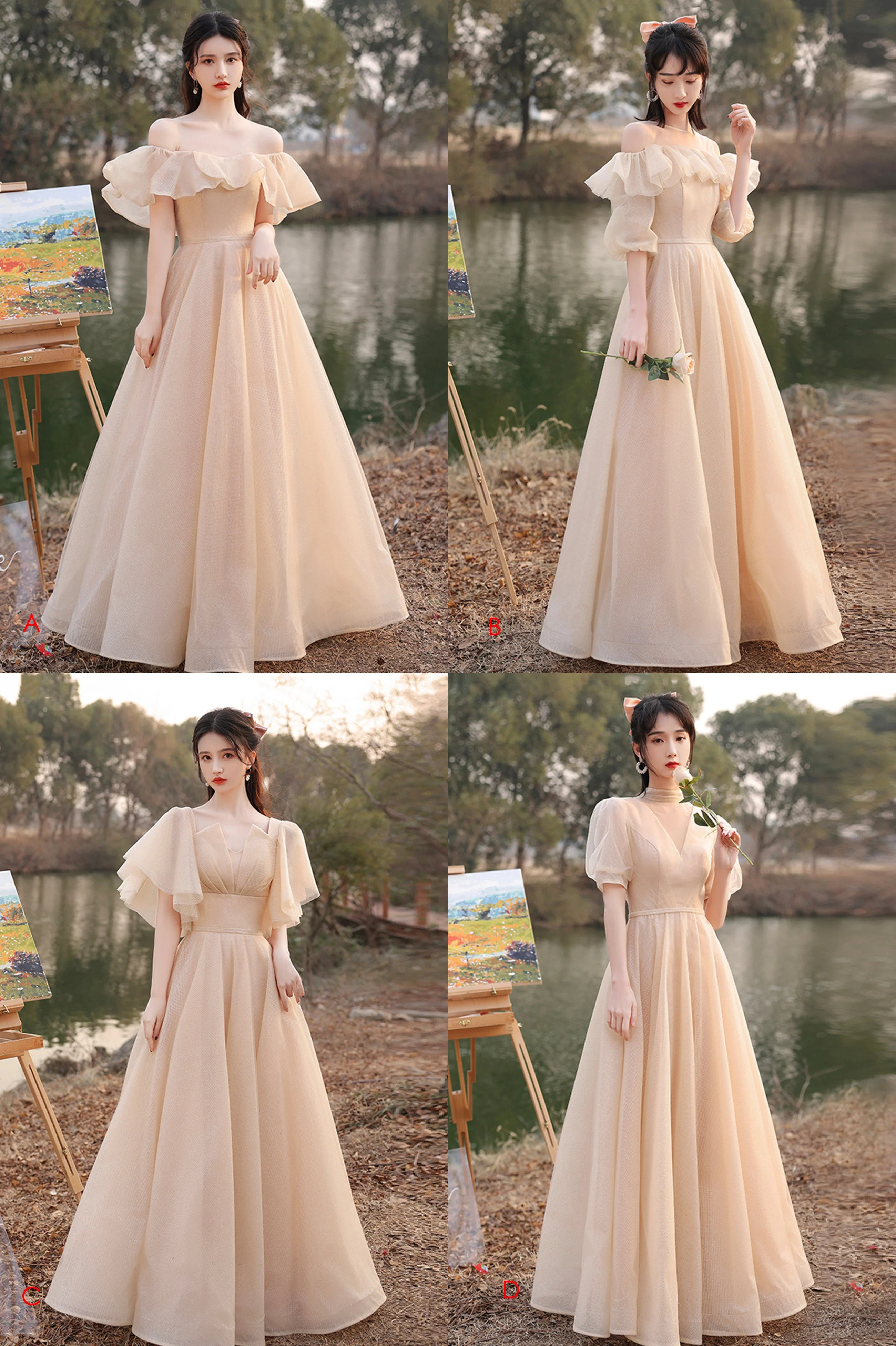 solvbao Cute Tulle Long A-Line Prom Dresses, Champagne Lace-Up Party Dresses - Deanwangkt