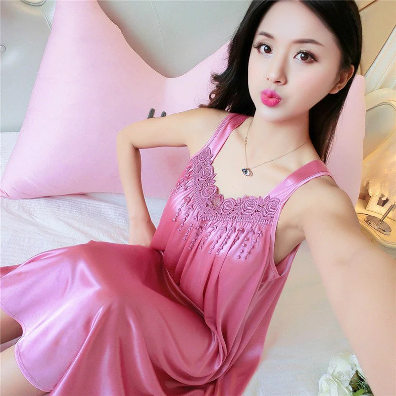 deanwangkt Women Soft Nightgowns Sexy Nightwear Lace Patchwork Long Sleepwear Lingerie Nighty Wedding Silk Dress Sleep Wear Nightdress - Deanwangkt